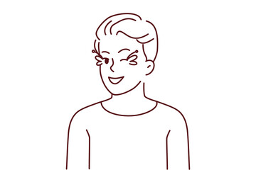Homosexual man with pink hair and eye makeup wink at camera. Smiling gay guy with face make-up feeling optimistic and joyful. Vector illustration.