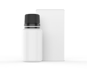 Realistic 3D rendering of plastic White Capsule bottle on white background with open cap of vitamins, pills or capsules. 3D illustration