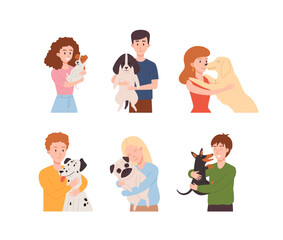 People hugging their dogs, happy pet owners - flat vector illustration isolated on white background.