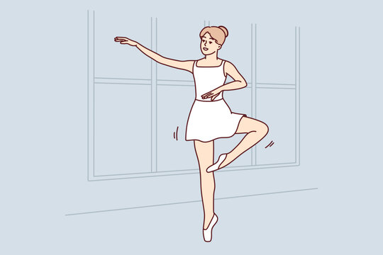 Young woman in tutu dancing in school. Smiling girl in dress practice ballerina moves indoors. Hobby and entertainment. Vector illustration. 