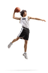 Full length shot of a basketball player up in the air in a slam dunk pose