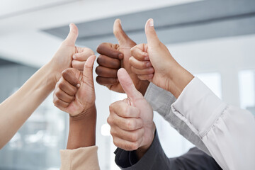 Thumbs up, team and success hand sign to show work community, solidarity and thank you. Office...