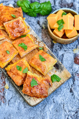 Home made Hot pockets with ham and cheddar cheese. Ketogenic  gluten free Turnover filled  with edam and prosciutto.