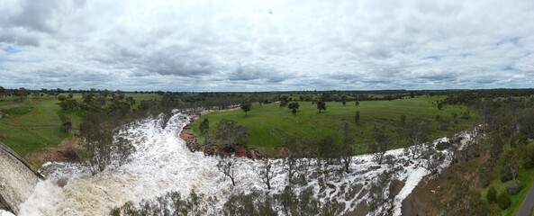 Lake Eppalock dam spillway overflowing into the Campaspe River near Bendigo after heavy spring rain...