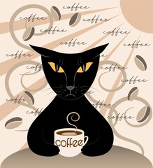 Fototapeta na wymiar A black cat drinks coffee in the morning at a table in a cafe before a busy working day