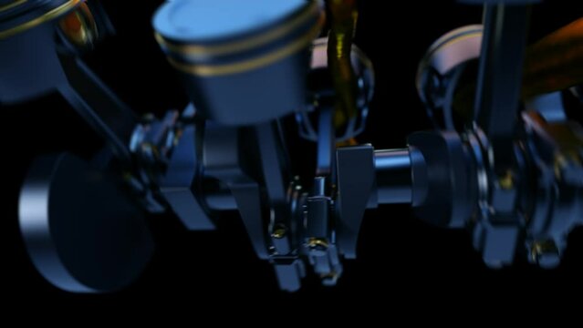 3d footage with car engine working. Concept of motor with oil lubricant splash and flow.