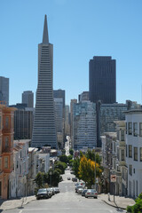 Panoramic scenic aerial view over San Francisco Bay Area with Golden Gate Bridge, downtown skyline...