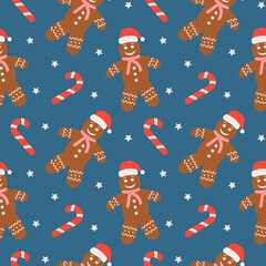 Seamless vector pattern gingerbread man and candy cane. Cookies for christmas. For fabric, paper, wrap, textile, poster, scrapbooking, wallpaper or background, for web site or mobile app
