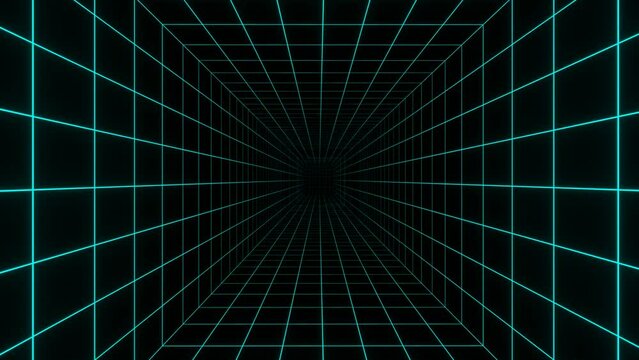 Sci fi square neon tunnel. Time travel or space and time metaphor. 3d render video	