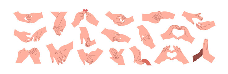 Two hands holding together set. Human fingers, couple and kid-parent palms touching, gesturing. Support, love relationship concept. Flat graphic vector illustrations isolated on white background