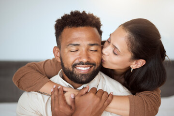 Love, black couple and kiss with hug, being happy and embrace together for marriage, anniversary and bonding. Romance, man and woman being loving, enjoy relationship and being romantic and happiness.