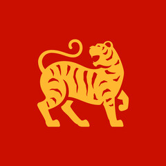 Striped tiger roar wild animal Chinese New Year symbol golden minimalist icon vector flat