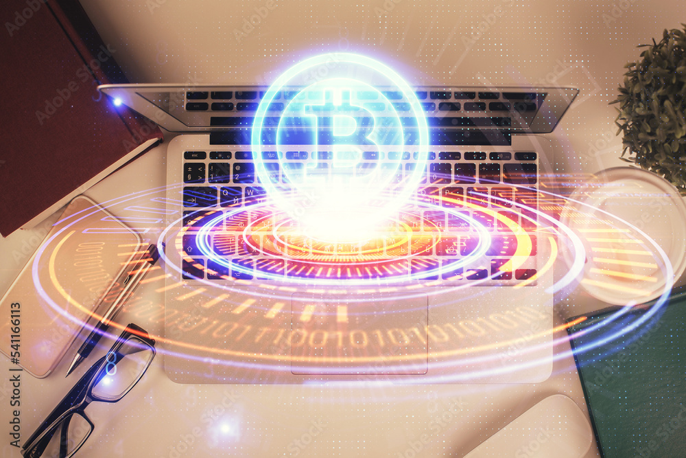 Aufkleber blockchain theme hologram drawings over computer on the desktop background. top view. double exposur