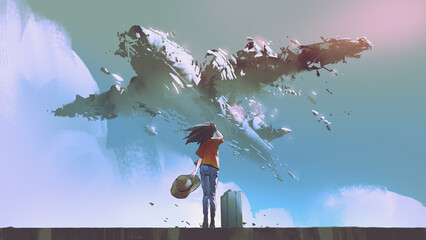 travel girl looking at a surreal broken plane in the sky, digital art style, illustration painting