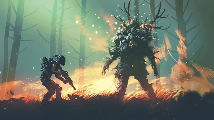 Photo sur Plexiglas Grand échec soldat futuriste chassant un monstre de cerf dans la forêt, style d& 39 art numérique, peinture d& 39 illustration