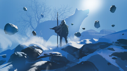 De man in de kap met speer tegenover de gigantische winterwolf, digitale kunststijl, illustratie, schilderij