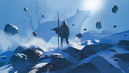 Keuken foto achterwand Grandfailure De man in de kap met speer tegenover de gigantische winterwolf, digitale kunststijl, illustratie, schilderij