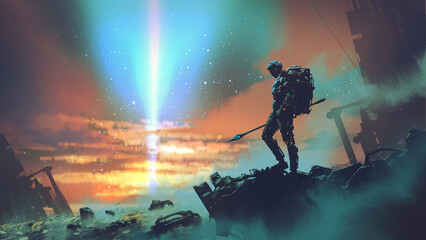 Futuristischer Mann, der mit einem seltsamen Lichtstrahl steht und den Himmel betrachtet., digitaler Kunststil, Illustrationsmalerei