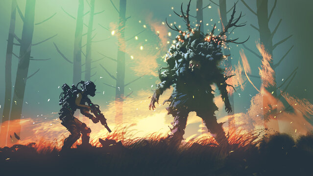 Fototapeta futuristic soldier hunting a deer monster in the forest, digital art style, illustration painting
