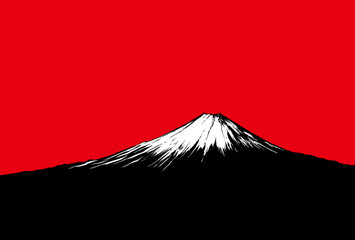 富士山の白黒線画イラスト　赤背景