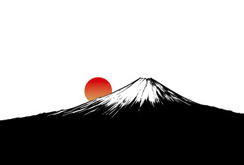 富士山の白黒線画イラストと日の出
