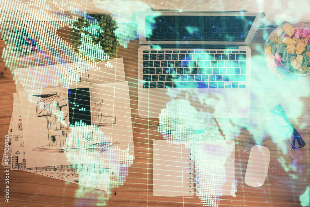 Poster business theme hologram drawings over computer on the desktop background. top view. multi exposure. 