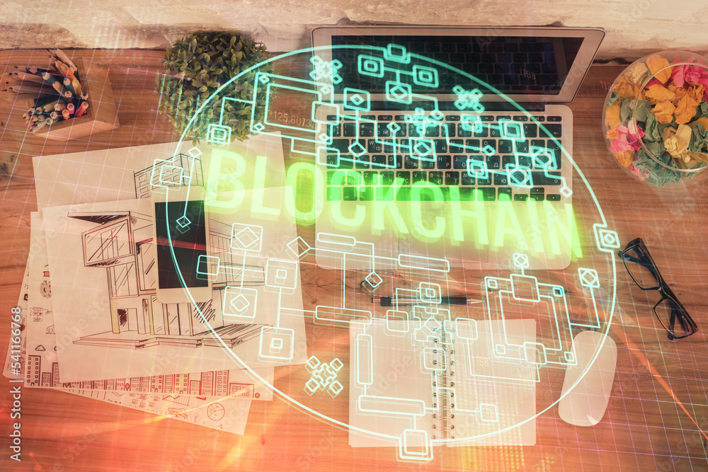 Aufkleber blockchain theme hologram drawings over computer on the desktop background. top view. double exposur