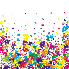 Falling letters of English language. Bright flying words of Latin alphabet. Foreign languages study concept. Valuable back to school banner on white background.