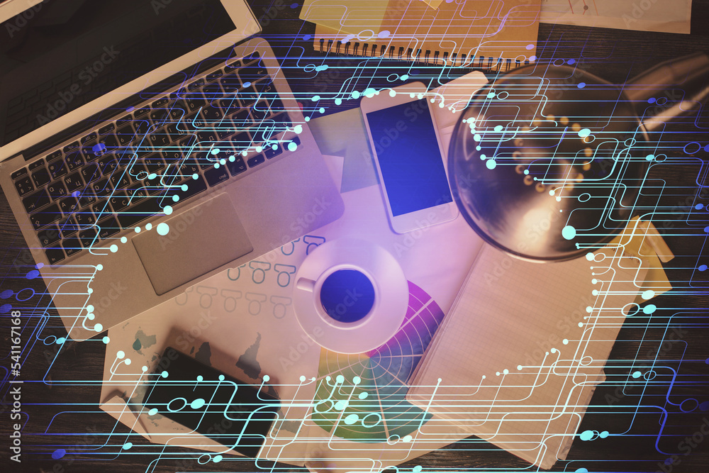 Aufkleber Multi exposure of data theme drawing hologram over topview work desk background with computer. Concept of technology.