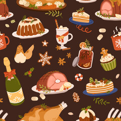 Christmas food pattern. Seamless Xmas background with traditional dishes, winter holiday meals, drinks, desserts. Repeating print with festive turkey, pudding, cake. Colored flat vector illustration