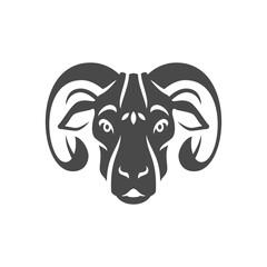 Goat sheep head with curved horns monochrome icon vector illustration. Ram muzzle