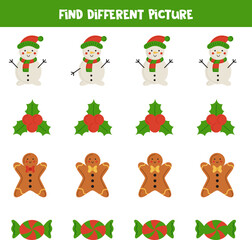 Find Christmas element which is different from others. Worksheet for kids.