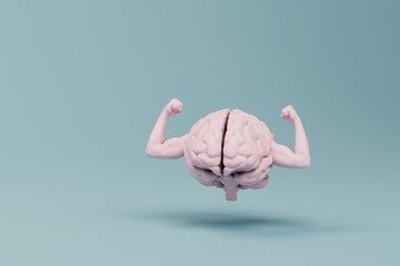 Plakat the brain is set up for sports. brain with muscles on the hands on a turquoise background. 3D render