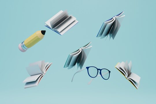 the concept of continuous learning. glasses, a pencil and books flying across the turquoise background. 3D render