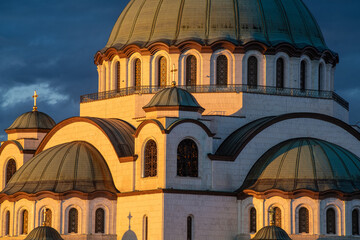 Beautiful sunset view over the Temple of Saint Sava in Belgrade, Serbia. Closeup details of church  exterior.