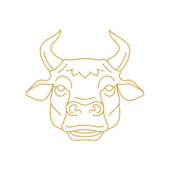 Horned bull muzzle golden monochrome linear icon vector illustration. Cow cattle farm animal