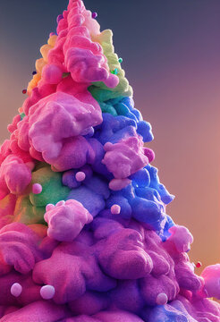 Fluffy Cotton Candy Christmas Tree With Rainbow Colours, LGBTQ+, Happy And Cheerful Christmas Card