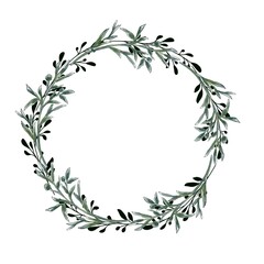 Watercolor Floral wreath. Greenery branches, Isolated on white background. Design element for invitation and greeting card