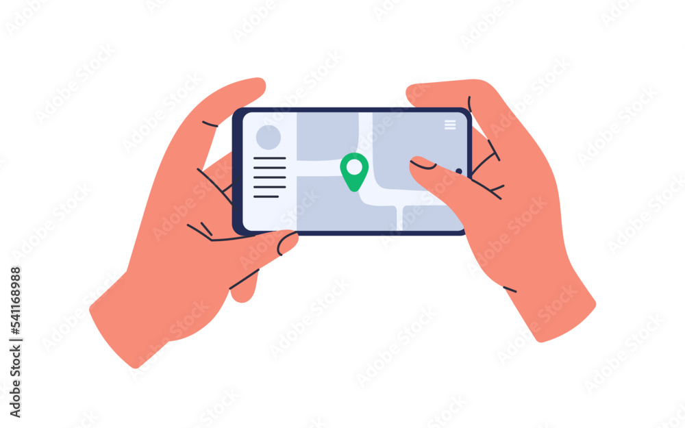 Poster Online city map, GPS app on mobile phone screen. Hands holding smartphone, using navigation application for travel with location mark, pointer. Flat vector illustration isolated on white background