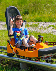 Gutgelaunter Jugendlicher freut sich auf die rasante Fahrt auf der Sommerrodelbahn im Coaster
