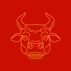 Bull cow head horned cattle Chinese New Year monochrome golden line icon vector illustration
