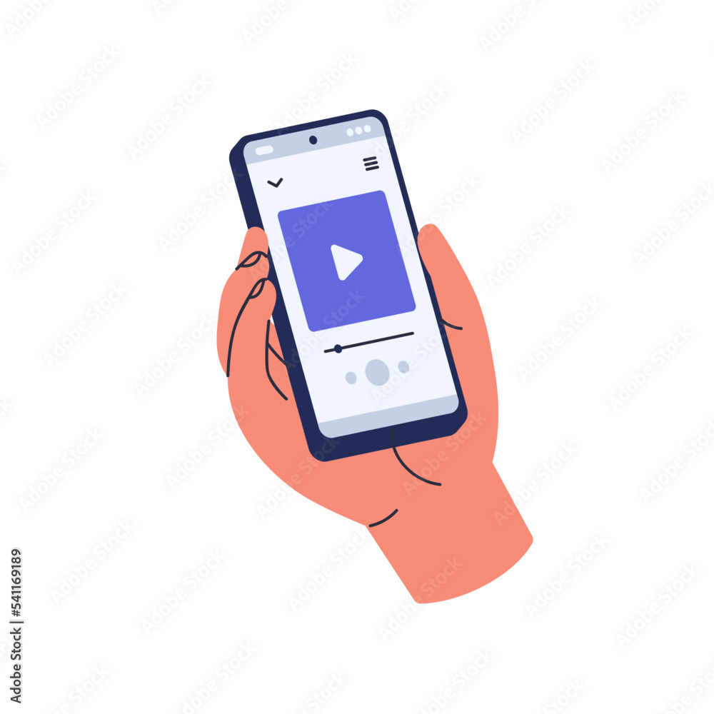 Aufkleber hand with mobile phone, using app for music playing, listening and watching video. holding smartphon