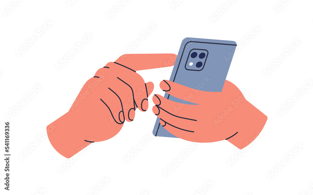 Poster mobile phone in hands. holding smartphone, clicking, tapping with finger. back reverse side of moder