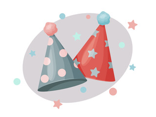 Festive hats with dots and stars for birthday celebrations. Vector illustration with funny caps for holidays and festive events
