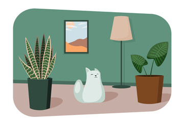 A room with potted indoor flowers and a cat. Vector illustration