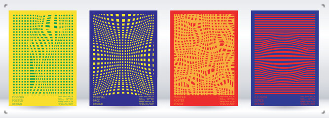 Geometrical Poster Design with Optical Illusion Effect.  Modern Psychedelic Cover Page Collection. Colourful Wave Lines Background. Fluid Stripes Art. Swiss Design. Vector Illustration for Brochure.