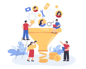 Tiny people on huge marketing funnel flat vector illustration. Cartoon characters working on customer acquisition, attracting followers in social media. SEO, business strategy concept