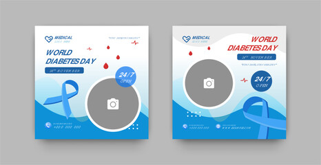 Diabetes awareness social media post template, Modern design with blue and white color and vector illustration with ribbon and blood drop, Usable for social media. 