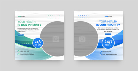 Medical social media post template design, Modern design with blue and green color gradient and glued paper texture, Usable for social media, website, flyer, and banner.