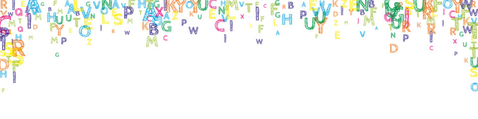 Falling letters of English language. Bright handdrawn flying words of Latin alphabet. Foreign languages study concept. Great back to school banner on white background.